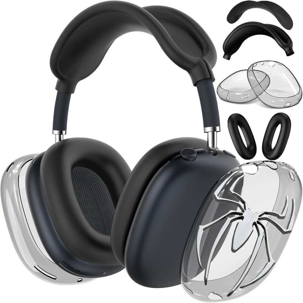 [4 in 1] Case Cover for AirPods Max Headphones (2024/2020) Ear Pad Case Cover/Headband Cover/Ear Cups with 3D Spider Chrome Emblems Badges for Apple AirPods Max Headphones (Black Case Sets)