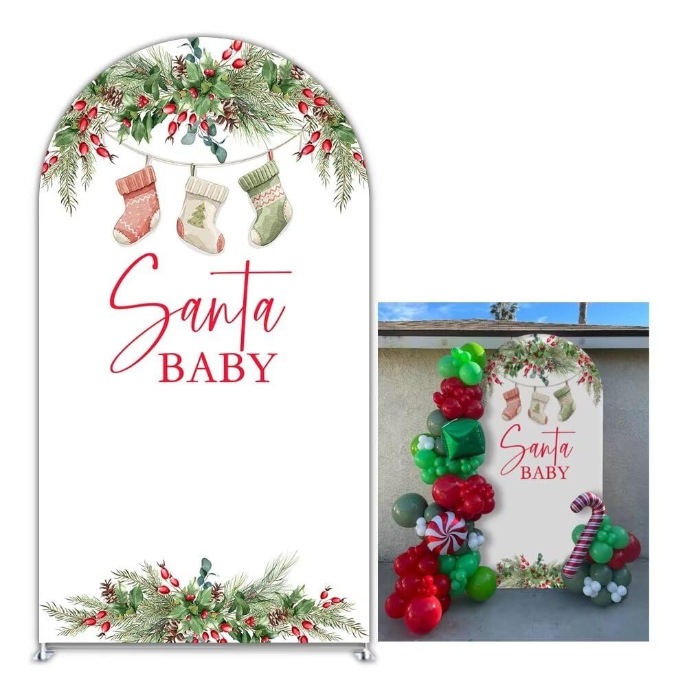 Aerdce Santa Baby Christmas Arch Cover Chiara Backdrops Socks Stretchy Arched Stands Covers for Newborn Xmas Baby Shower Party Decorations Supplies(Cover+Stand)