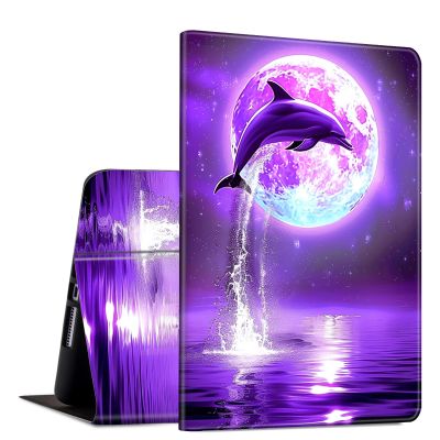 Case for All-New Amazon Fire HD 10 and 10 Plus Tablet (13th/11th Generation, 2023/2021 Release) 10.1" Slim PU Leather Adjustable Multi-Angle Smart Shell Cover with Auto Wake/Sleep, Purple Dolphin Moon