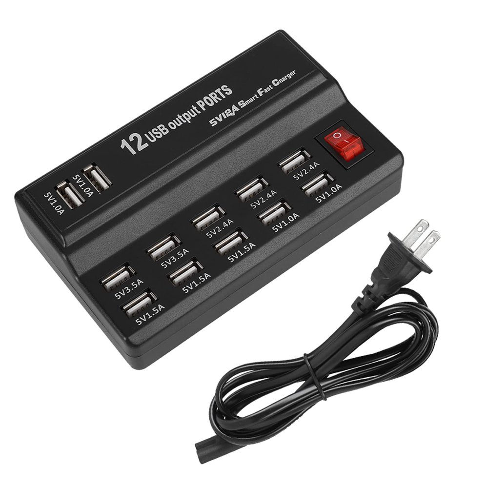 12 Port USB Charging Station 60W Total Power Multi Device Charger with Safety Protection Compact Design for Family Travel Phone Tablet Simultaneous Charging