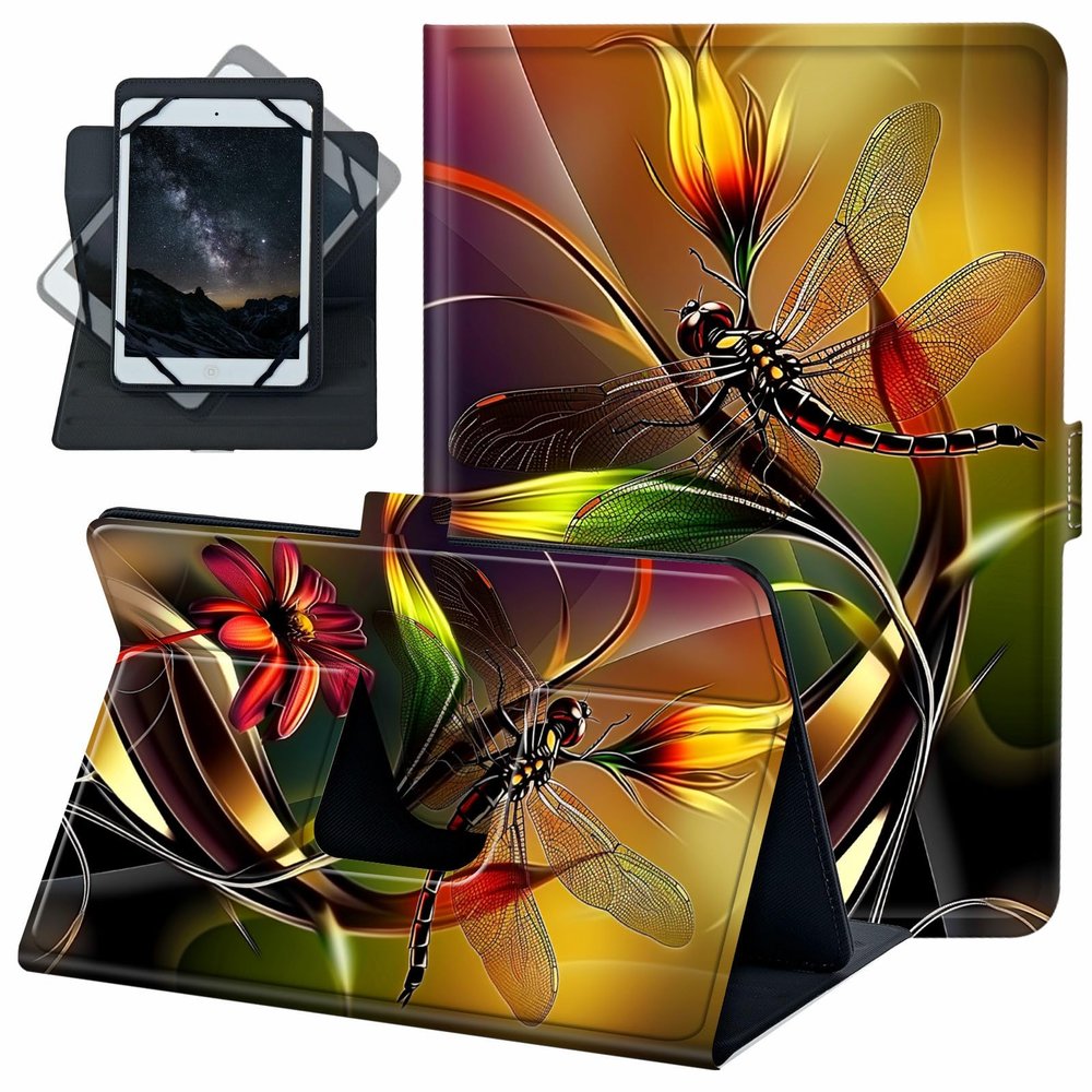 ACWDMKH for Universal 8 7 7.9 9 Inch Android Tablet Case 360 Degree Rotating Leather Stand Folio Cover for Fire HD 8/Galaxy Tab A/Tab E/Tab 4/Tab S2 8.0 & More 7.0-9.0 Inch Tablet,Art Red Dragonfly