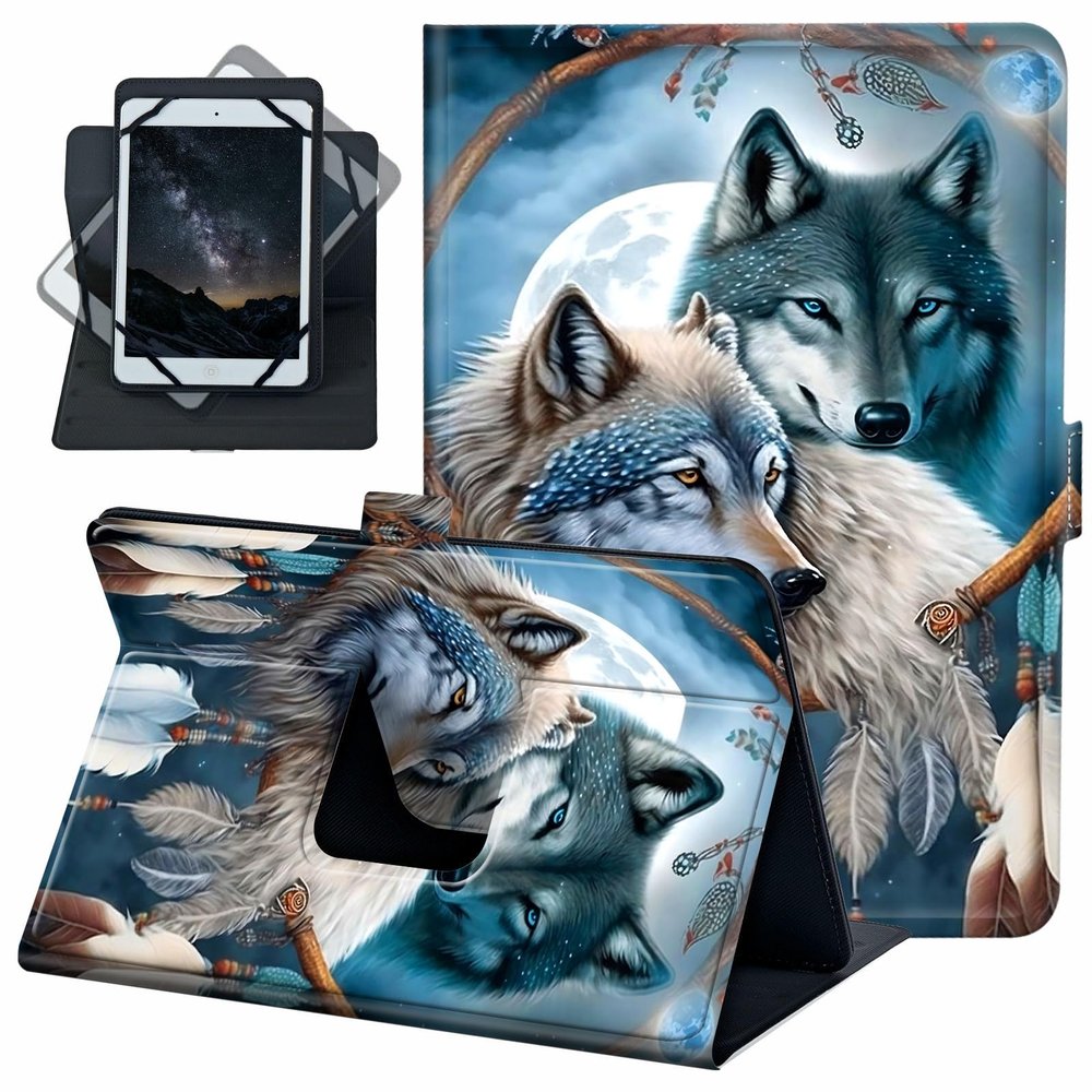 ACWDMKH Universal 8-9 Inch Android Tablet Case - 360 Rotating Leather Stand Folio Cover for Fire HD 8/Galaxy Tab A/E/4/S2 & More 7.0-9.0 Inch Tablet, Dream Catcher Wolf