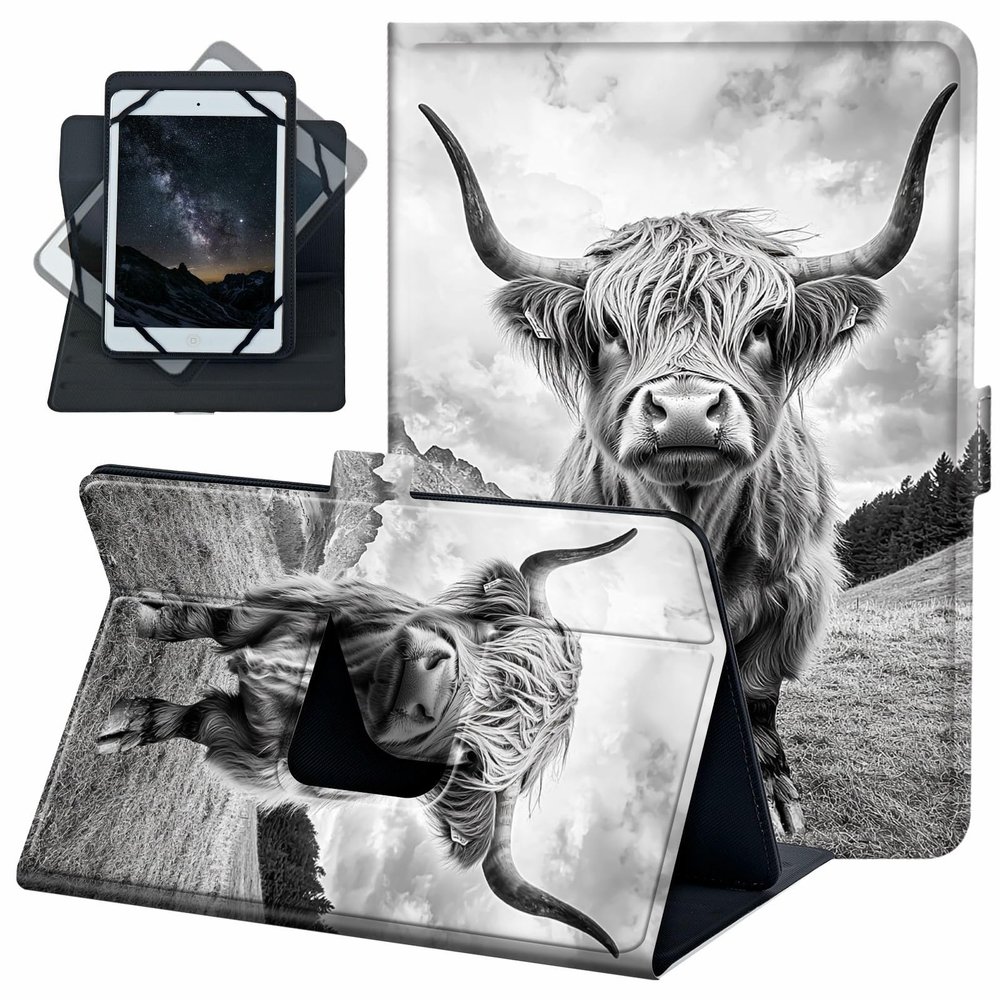 ACWDMKH for Universal 10 10.1 Inch Android Tablet Case 360 Degree Rotating Leather Stand Folio Cover for iPad 9.7/10.2/10.5/Galaxy Tab 9-10.5"/Fire HD10 & More 9.0-10.5 Inch Tablet,Black Cute Cow