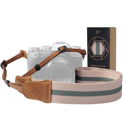 Padwa Lifestyle Stripe Camera Strap - 1.5" Double Layer Crazy Horse Cowhide Ends Camera Straps for Photographers,Universal Adjustable Pure Cotton Woven Neck Shoulder Strap for Cameras and Binoculars