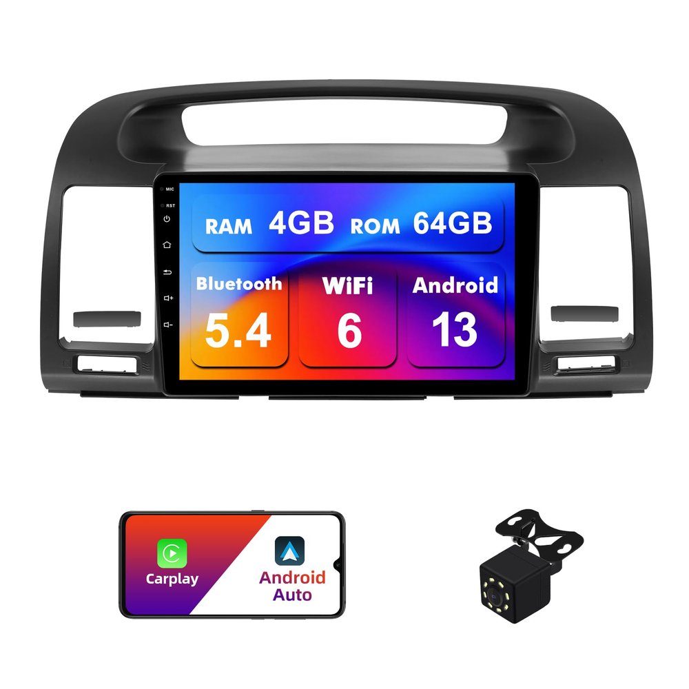 4+64G Android 13 Double Din Car Stereo for Toyota Camry 2000-2006 with 9 Inch Touchscreen Radio Built-in Wireless Carplay/Android Auto/GPS/Bluetooth/AUX/Steering Wheel Controls/Backup Camera