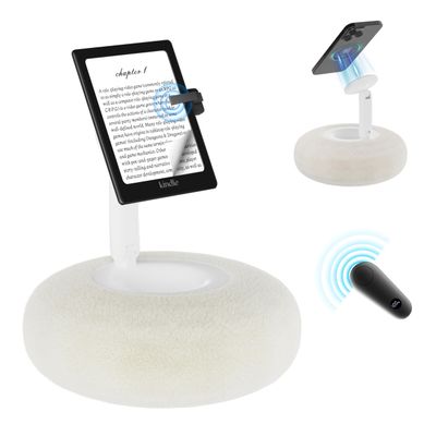 VOLTIFYMAX Magnetic Kindle Holder with Page Turner, Cozy Pillow Kindle Stand for Reading, 360 Adjustable Phone Holder for Bed, Small Bowl for Tablet Stand with Stable Suction Base (White)