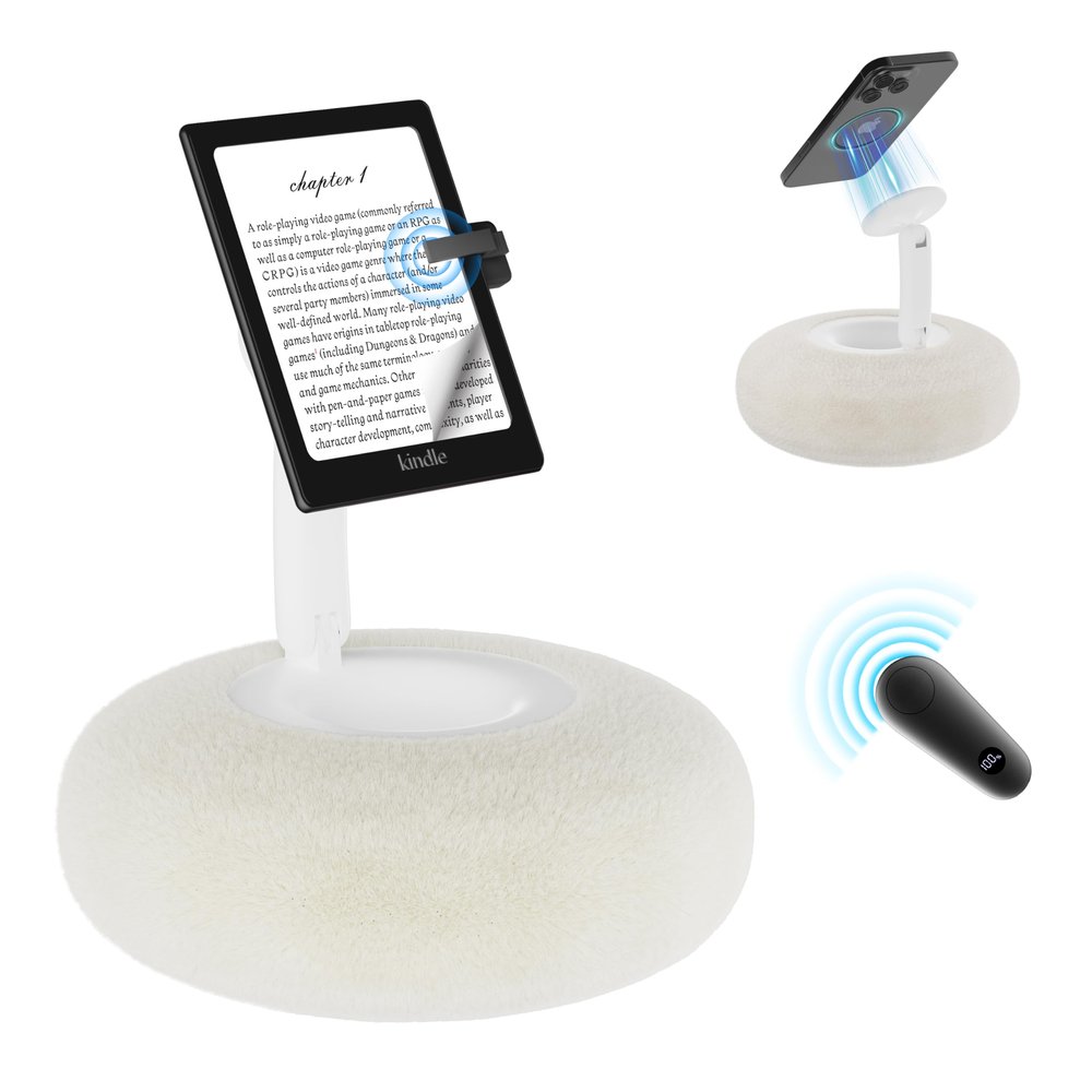 VOLTIFYMAX Magnetic Kindle Holder with Page Turner, Cozy Pillow Kindle Stand for Reading, 360 Adjustable Phone Holder for Bed, Small Bowl for Tablet Stand with Stable Suction Base (White)