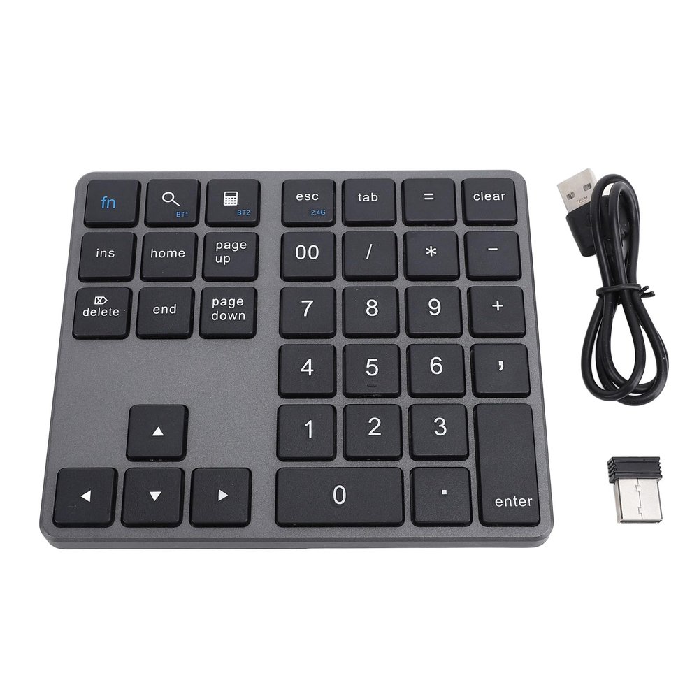 GOWENIC Cordless Numeric Keyboard, 35 Keys Number Pad with Receiver, Sturdy 2.4G Cordless BT5.0 BT3.0 Number Keypad for OS X Laptop Desktop Smartphone (Gray)