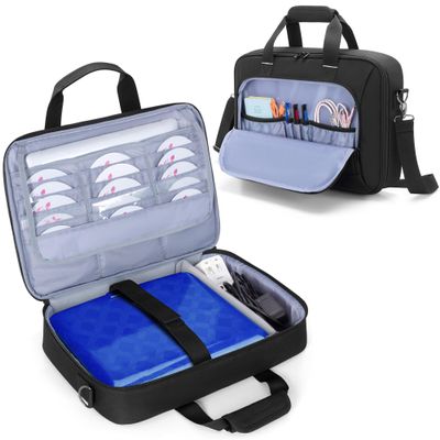 Rexmica Travel Carrying Bag for 14.1-17.5 inch Portable DVD Player, Portable DVD Player Storage Case Bag with Laptop Sleeve, 15 DVD Storage Pockets, Front Accessory Pocket, Black (Patented Design)