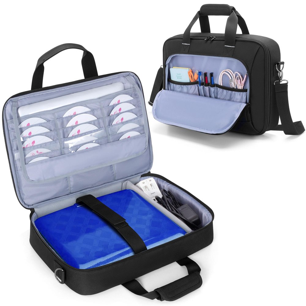 Rexmica Travel Carrying Bag for 14.1-17.5 inch Portable DVD Player, Portable DVD Player Storage Case Bag with Laptop Sleeve, 15 DVD Storage Pockets, Front Accessory Pocket, Black (Patented Design)