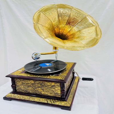 Antique-Looking Replica Gramophone Vintage Gramophone Record Player, Wooden Base with Floral Carvings, Gold Horn Speaker (36X36X55 CM)