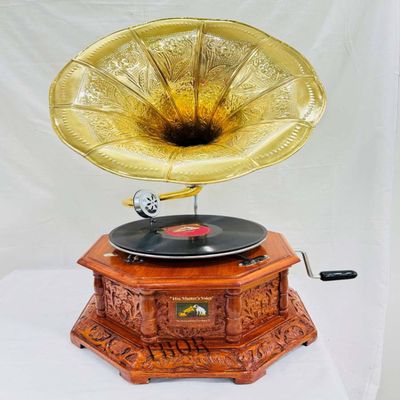 Antique-Looking Replica Gramophone Vintage Gramophone Record Player, Wooden Base with Floral Carvings, Gold Horn Speaker (37X32X75 CM)