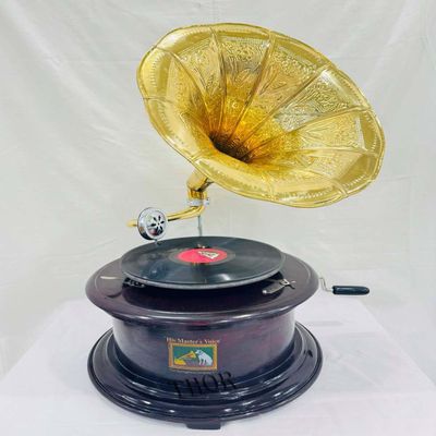 Antique-Looking Replica Gramophone Vintage Gramophone Record Player, Wooden Base with Floral Carvings, Gold Horn Speaker (38X38X68 CM)
