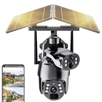 Dual 3MP Lens Solar Powered Security Camera with 128GB Memory Card, 4X Zoom Wireless Outdoor Linkage Camera for Home Security, 9.84ft / 3M Cord, 2.4G Hz WiFi, 360 PTZ Camera w/Auto Tracking, PIR Motio