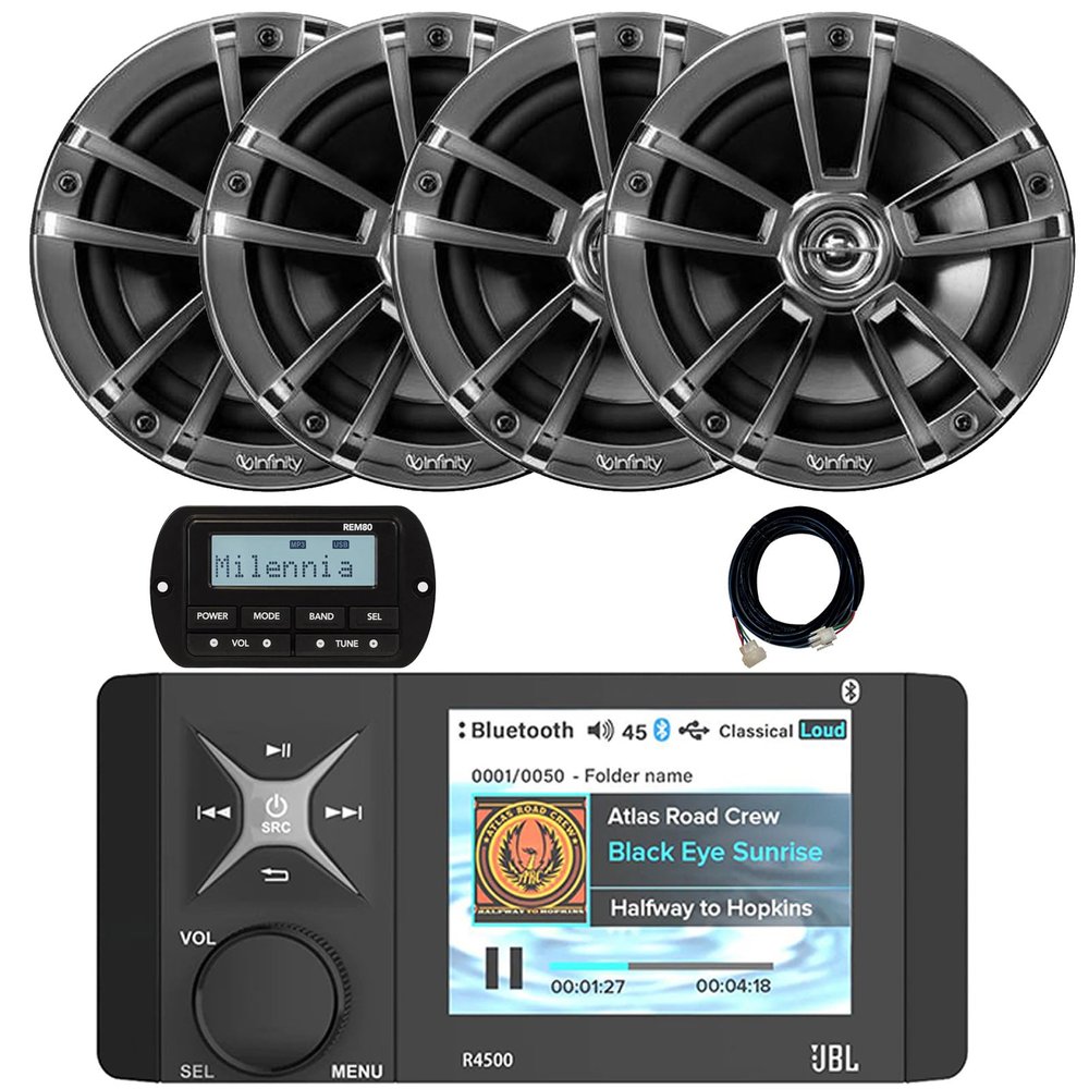 4" Color LCD Display Marine USB/AUX Bluetooth AM/FM/WB Stereo Receiver, Wired Remote W/ 20-Foot Extension Cable, 4x 6.5" 225W Max 2-Way High-Performance Boat Chrome Speakers