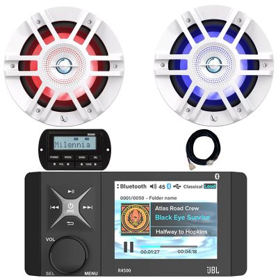 4" Color LCD Display Marine USB/AUX Bluetooth AM/FM/WB Stereo Receiver, Wired Remote W/ 20-Foot Extension Cable, 2x 6.5" 300W Max Power 2-Way Coaxial RGB LED Boat White Speakers