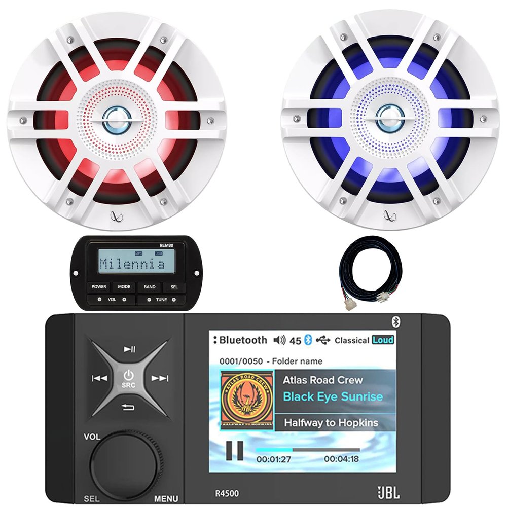 4" Color LCD Display Marine USB/AUX Bluetooth AM/FM/WB Stereo Receiver, Wired Remote W/ 20-Foot Extension Cable, 2x 6.5" 300W Max Power 2-Way Coaxial RGB LED Boat White Speakers