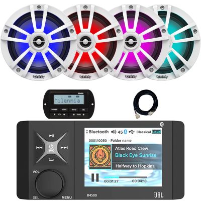 4" Color LCD Display Marine USB/AUX Bluetooth AM/FM/WB Stereo Receiver W/ Wired Remote & 20-Foot Extension Cable, 4x 6.5" 225W Peak Power Waterproof Coaxial RGB LED Boat White Speakers