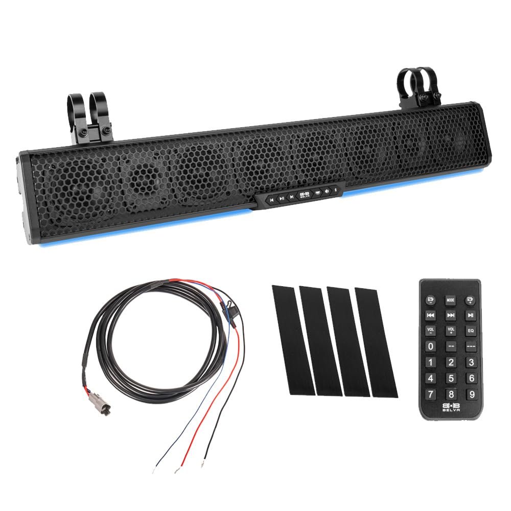 BELVA BASB27v2 27" 500W Amplified Weatherproof Bluetooth Soundbar for UTV/ATV/SxS/Golf Cart, 8-Speakers, RGB LED Lights, Remote Control, Preset Equalizer, Fits 1.5" - 2" Roll Bars