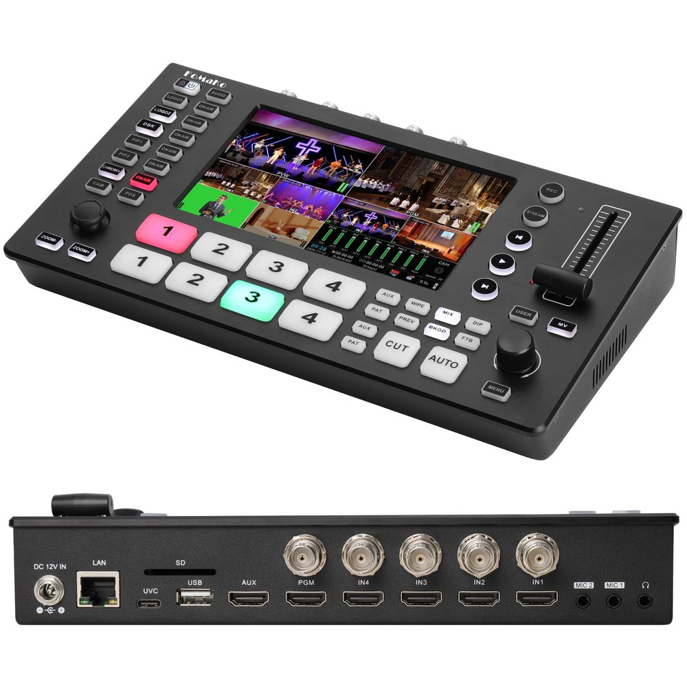 FoMaKo 4K HDMI Video Mixer Switcher, 5.5 Inch FHD LCD Screen, 5-Channel Live Streaming Switcher, 4K 60FPS Input, 1080p 60FPS Output, Support PTZ Controller, SDI+HDMI Video Switcher, M4