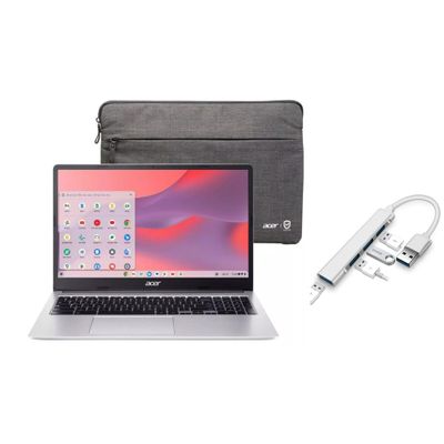 acer Chromebook 315 15.6 HD Laptop | Intel Pentium N6000 1.1GHz|Intel UHD Graphics | 720p Webcam | Sleeve | Silver | 4GB RAM | 128GB SSD | Chrome OS | Bundle with USB 3.0 Hub