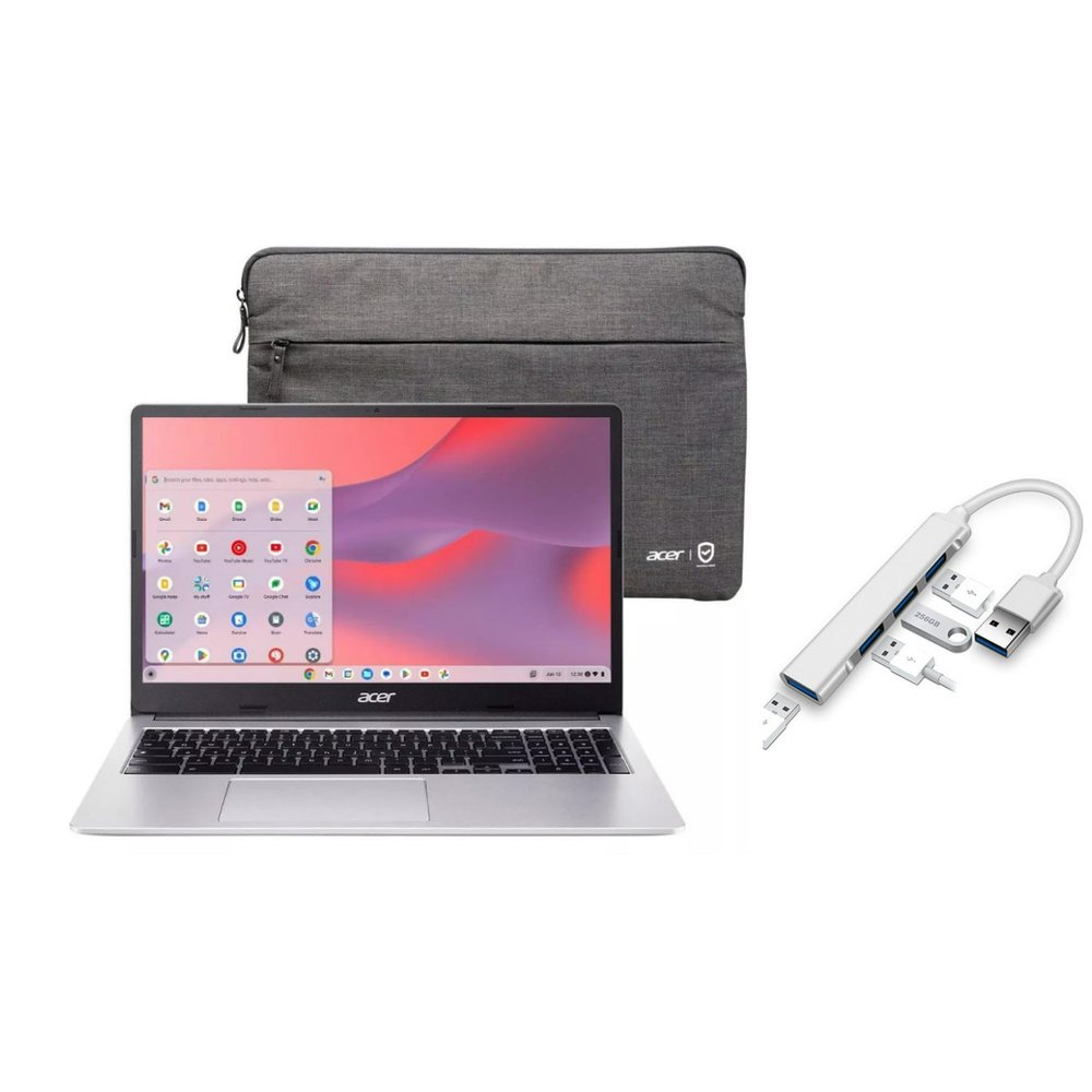 acer Chromebook 315 15.6 HD Laptop | Intel Pentium N6000 1.1GHz|Intel UHD Graphics | 720p Webcam | Sleeve | Silver | 4GB RAM | 128GB SSD | Chrome OS | Bundle with USB 3.0 Hub