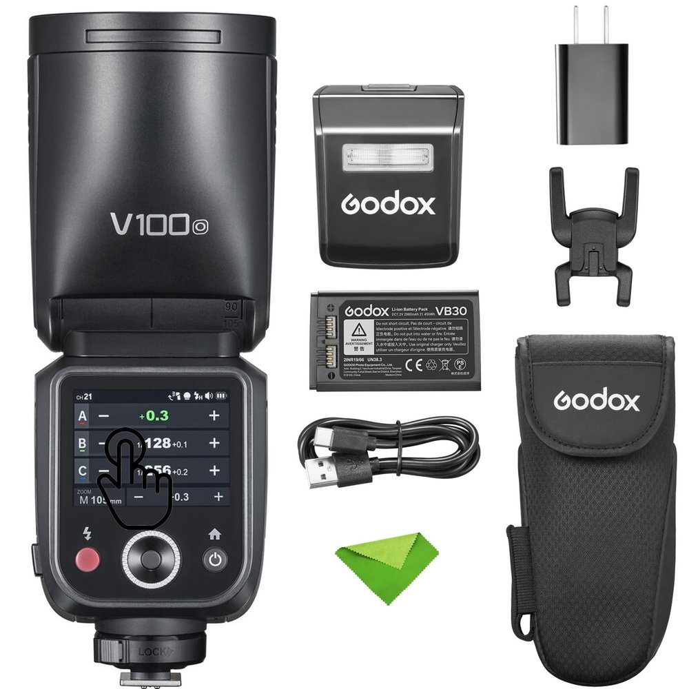 Godox V100 V100-O 100W Flash for Olympus Panasonic Cameras, TTL 1/8000 HSS, 400 Full Power Flashes, 1.7s Recycle Time, 2.4G Wireless with External Flash, Touchscreen Flash (Godox V100-O USA Version)