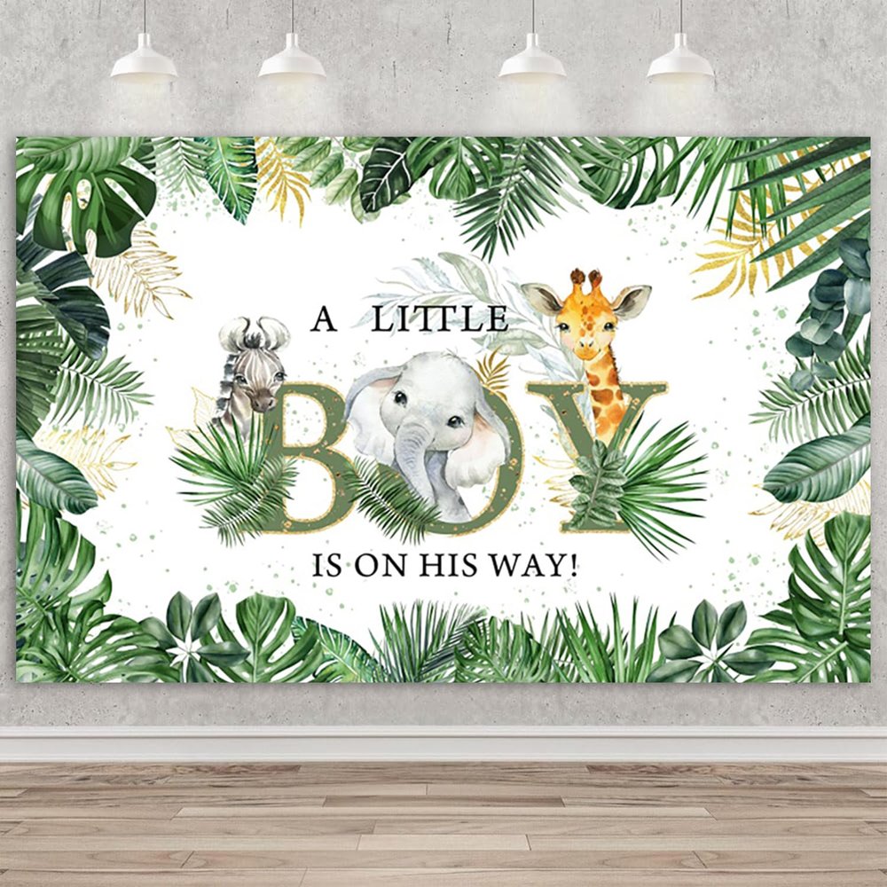 10x8ft Baby Shower Backdrop A Little Boy is On His Way Photography Background Safari Jungle Animals Backdrop Baby Shower Wedding Birthday Party Photography Background Photo Studio Props