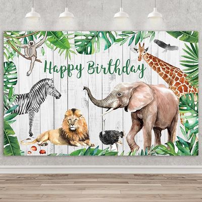 10x6.5ft Happy Birthday Backdrop Safari Tropical Forest Jungle Animals Photography Background Kids Boys Birthday Baby Shower Party Children Portraits Decoration Supplies Photo Booth Props