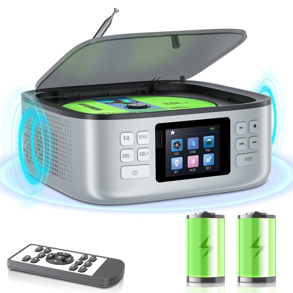 ARAFUNA Portable CD Player with Bluetooth, Speakers, Rechargeable, FM Radio, LED Display, AUX/USB, for Home & Car