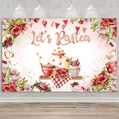 10x6.5ft Lets Partea Backdrop Floral Teapot Photography Background Colorful Floral Dessert Backdrop Baby Shower Wedding Birthday Party Photography Background Photo Studio Props