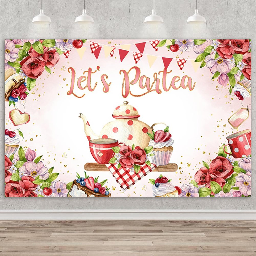 10x6.5ft Lets Partea Backdrop Floral Teapot Photography Background Colorful Floral Dessert Backdrop Baby Shower Wedding Birthday Party Photography Background Photo Studio Props