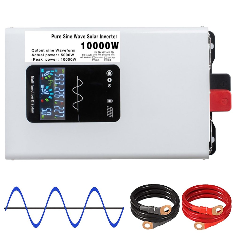 10000W Peak Pure Sine Wave Inverter Converter, DC Input 12V/24V/48V/60V/72V AC Output 110V/220V, Low Frequency Solar Power Inverter Converter with 2 Outlets for Home, Vehicles(Size:12V-220V)