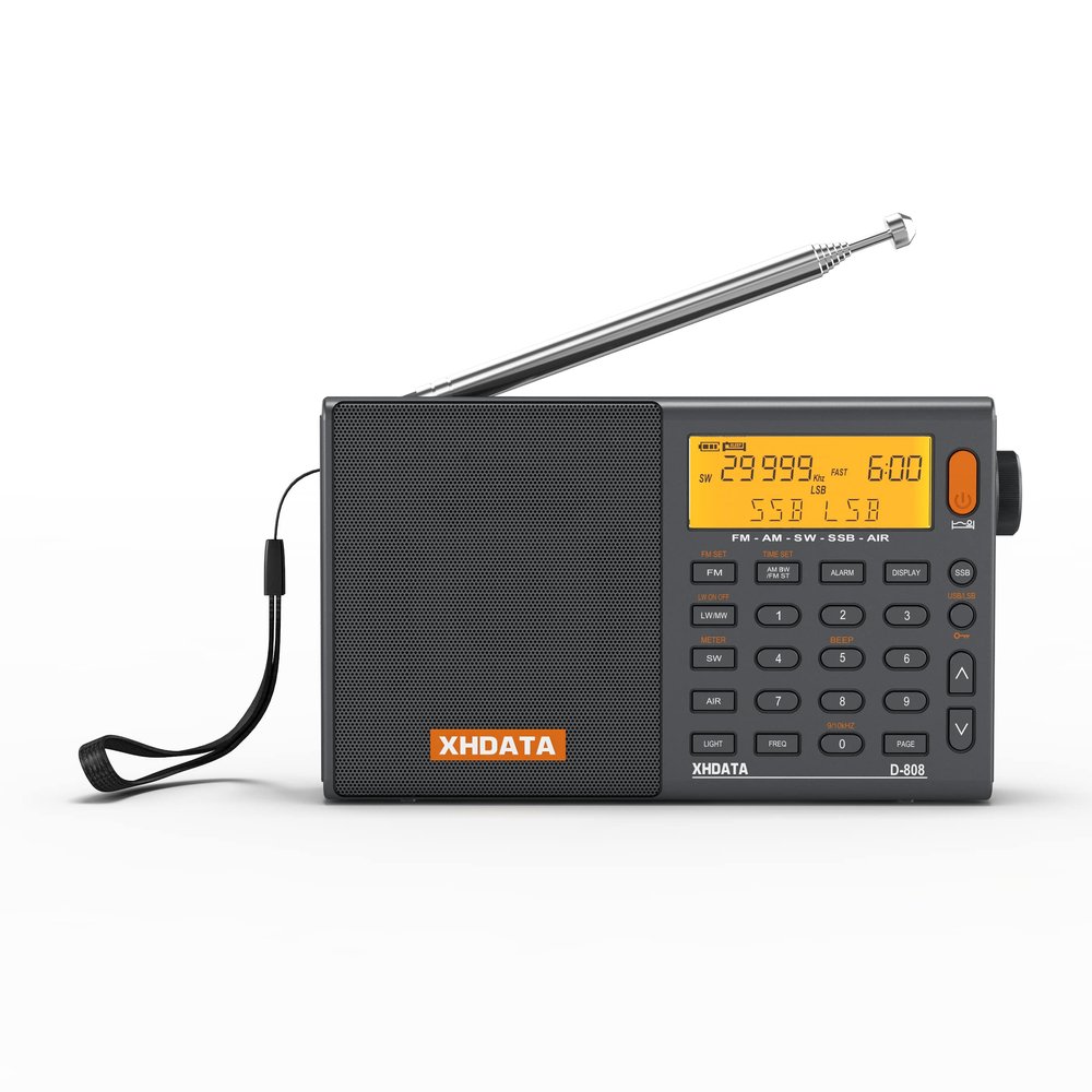 XHDATA D808 Portable AM FM SW LW Air Band Radio SSB RDS Multi Band Radio Speaker with LCD Display Alarm Clock External Antenna (Grey)