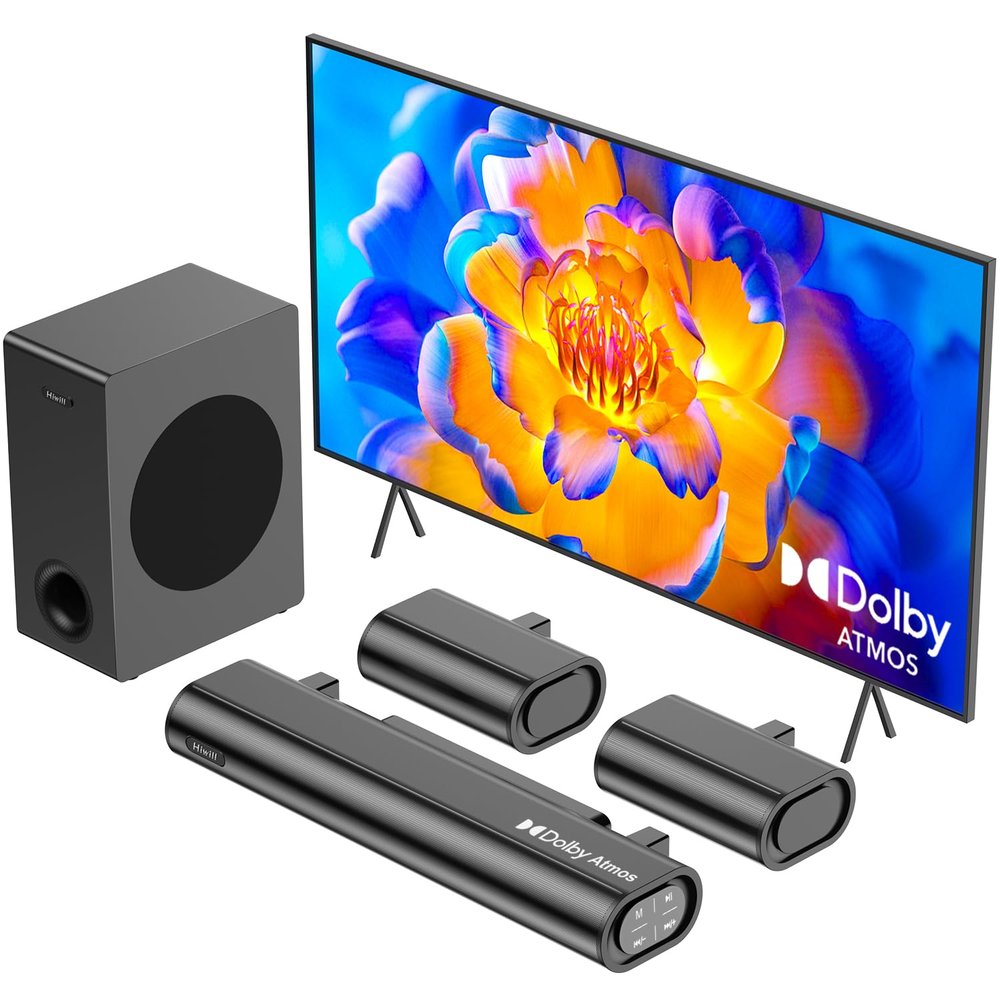 Hiwill Dolby Atmos 5.1CH Sound Bar for Smart TV, w/5.25'' Subwoofer & 2 Rear Speakers Wired Surround Sound System, 380W Peak Power, Compact Bluetooth Soundbar Speaker, eARC/ARC/Optical, HiElite A51