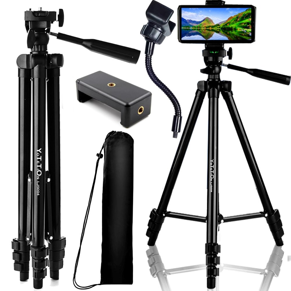 60" Aluminum Phone & Camera Tripod with Gooseneck Stand, Extendable Cell Phone Tripod Stand Compatible with iPhone/Android/Action Camera is Perfect for Live Streaming/Video Recording/Selfies