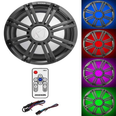 Kicker Bundle: 45KM104 10" 350W Marine Subwoofer SVC 4-Ohm Bundle with 45KMG10C 10" Charcoal Grille w/LED + 41KMLC LED Light Controller (3 Items)