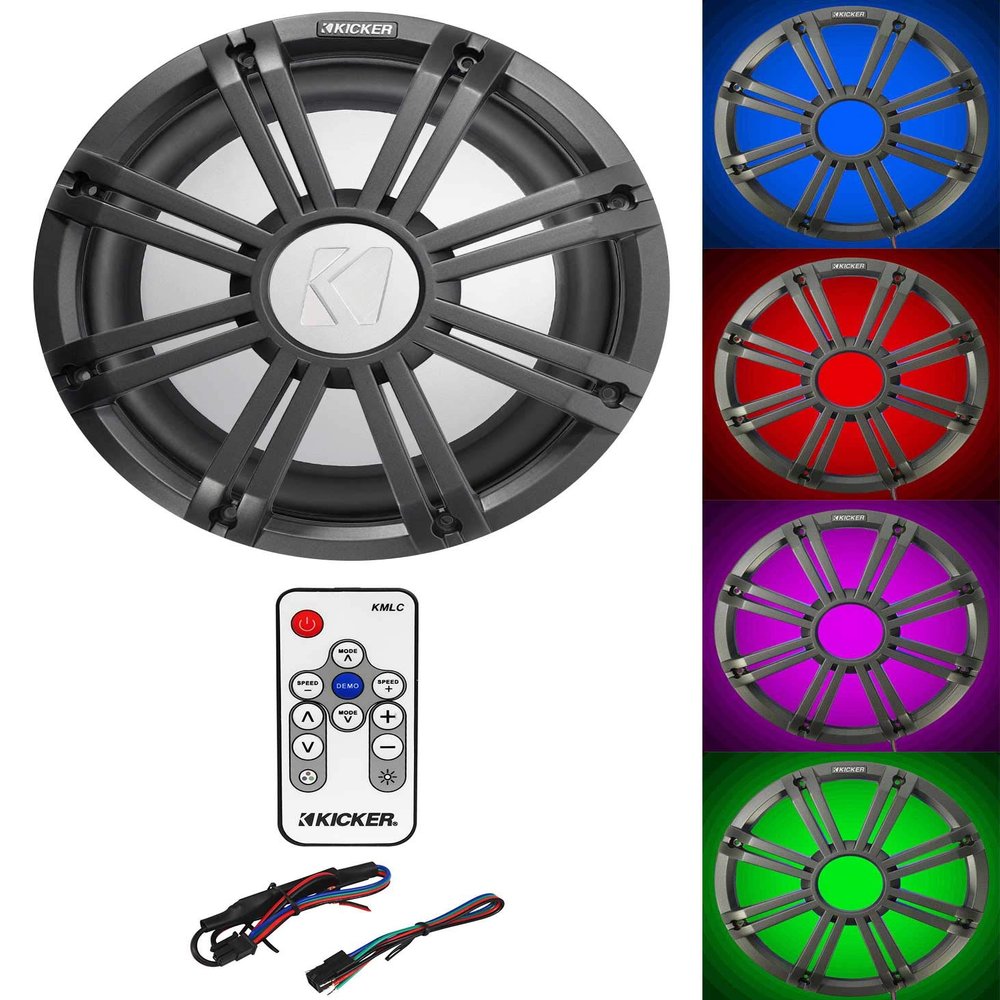 Kicker Bundle: 45KM104 10" 350W Marine Subwoofer SVC 4-Ohm Bundle with 45KMG10C 10" Charcoal Grille w/LED + 41KMLC LED Light Controller (3 Items)