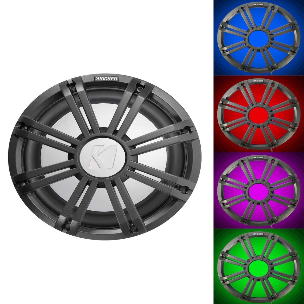Kicker Bundle: 45KM104 10" 350w Peak/175w RMS Marine Boat Subwoofer SVC 4-ohm Sub KM10 Bundle with 45KMG10C 10" Charcoal Grille w/LED for KM10 + KMF10 Subwoofer Subs KMG10C (2 Items)