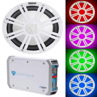 Kicker Bundle: 45KM104 10" 350W Marine Subwoofer SVC 4-Ohm Bundle with 45KMG10W 10" White Grille w/LED + Rockville RXM-T1 1500W 2-Ch Marine Amplifier (3 Items)