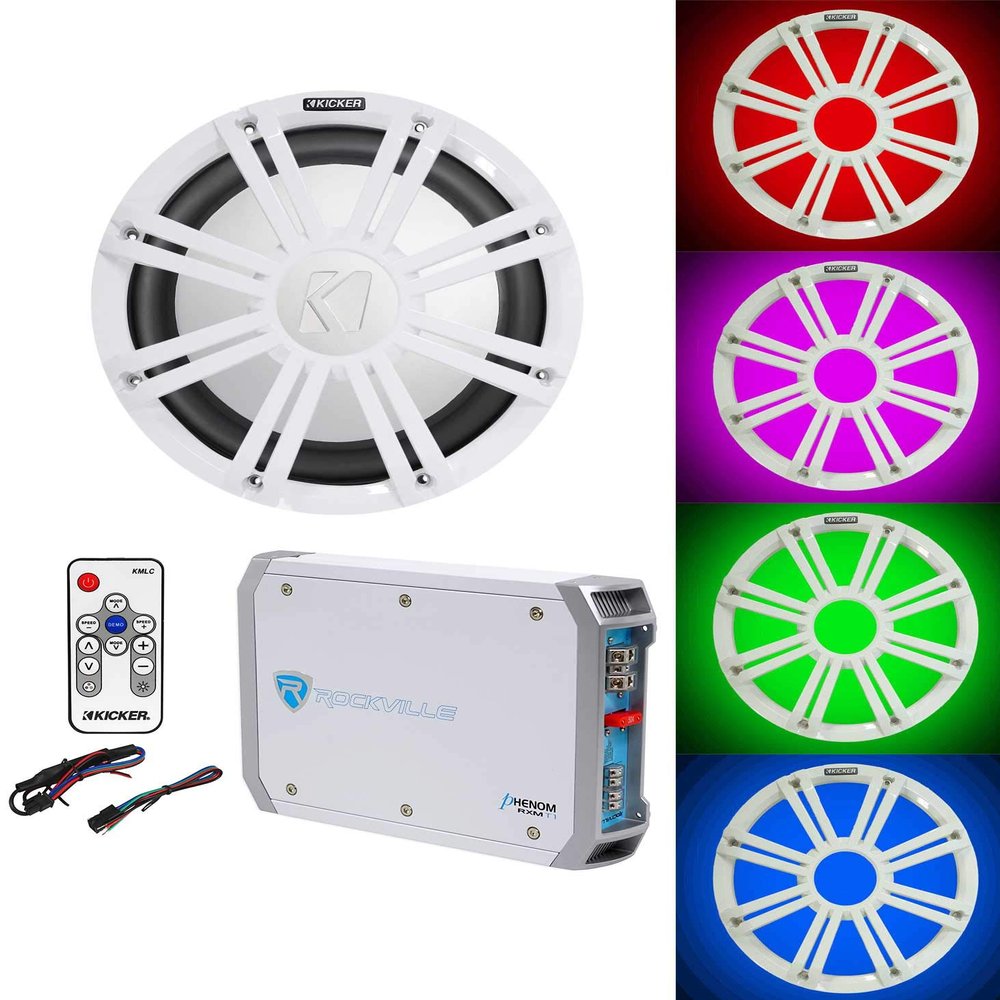 Kicker Bundle: 45KM104 10" 350W Marine Subwoofer SVC 4-Ohm Bundle with 45KMG10W 10" White Grille w/LED + 41KMLC LED Controller for KM Series + Rockville RXM-T1 1500W 2-Ch Marine Amp (4 Items)
