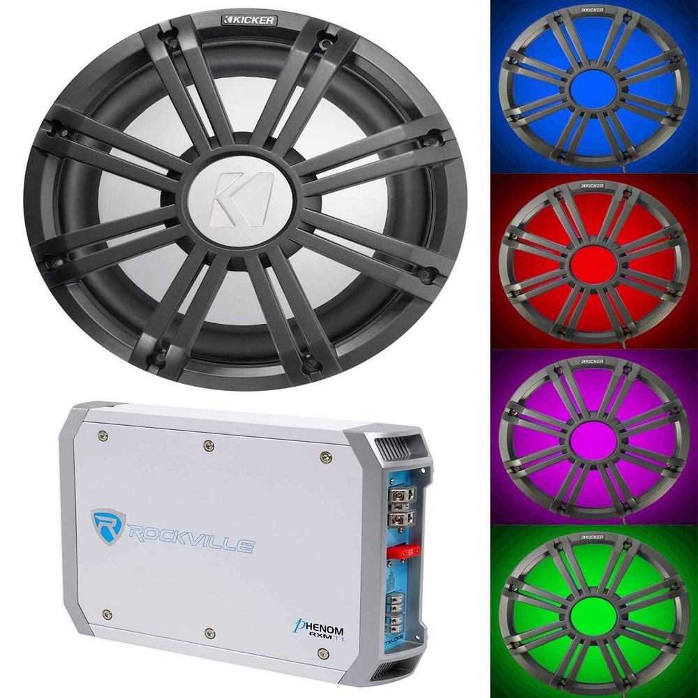 Kicker Bundle: 45KM104 10" 350W Marine Subwoofer SVC 4-Ohm Bundle with 45KMG10C 10" Charcoal Grille w/LED + Rockville RXM-T1 1500W 2-Ch Marine Amplifier (3 Items)