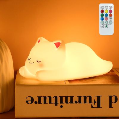 LOVERUIS Cute Night Light for Kids Cat Night-Light Baby Girl Squishy NightLight 1/3 Hour Timer Kitty Light Dimmable Nursery Lamp Colorful Nightlight Gift for Kid Toddler Kawaii Bedroom (CAT)
