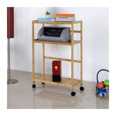 Adjustable Monitor Stand PC Tower Stand with Wheels, 3-Tier Movable Printer Stand with Storage, Rolling Bamboo PC Case Floor Stand with Open Shelves, for Home Office Arm Monitor(Natural,59*26*86cm)