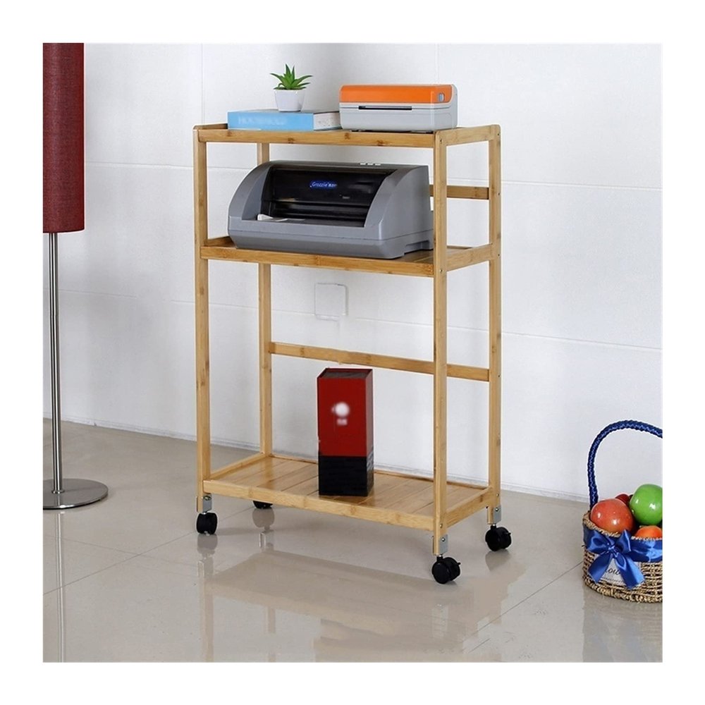 Adjustable Monitor Stand PC Tower Stand with Wheels, 3-Tier Movable Printer Stand with Storage, Rolling Bamboo PC Case Floor Stand with Open Shelves, for Home Office Arm Monitor(Natural,59*26*86cm)