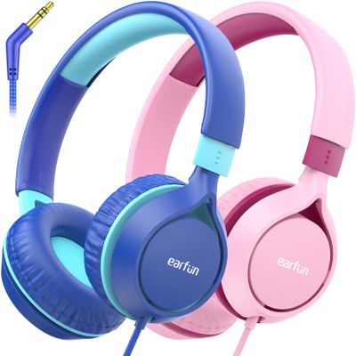 EarFun S1 Kids Headphones, Foldable Wired Headphones for Kids, 85dB Volume Limit, Stereo Sound, Adjustable Headband, Portable Lightweight On-Ear Headphone for School/Travel/Boys/Girls (Blue&Pink)