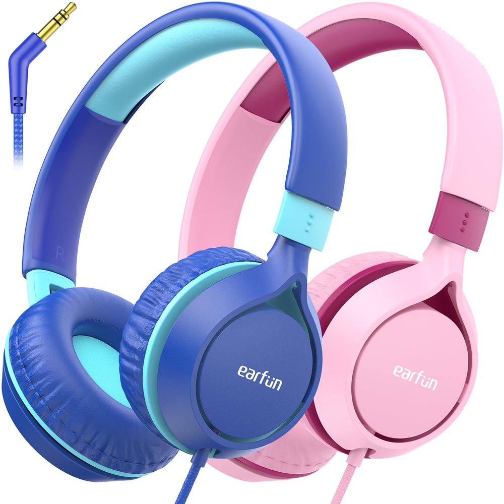 EarFun S1 Kids Headphones, Foldable Wired Headphones for Kids, 85dB Volume Limit, Stereo Sound, Adjustable Headband, Portable Lightweight On-Ear Headphone for School/Travel/Boys/Girls (Blue&Pink)