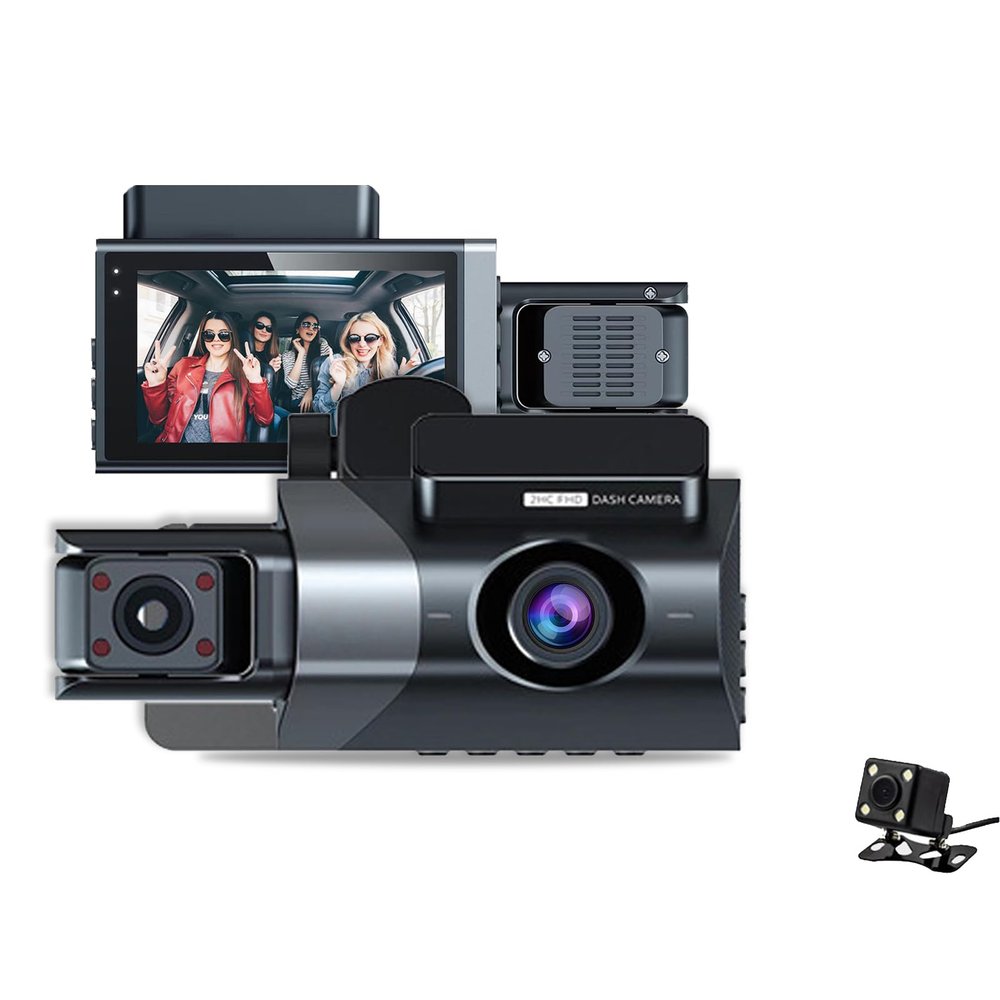Dash Cam, 3 Channel Dash Cam, 3Inch 1080P HD Screen Night Vision Wide Angles Emergecy Lock Stop Triple Camera Driving Recorder