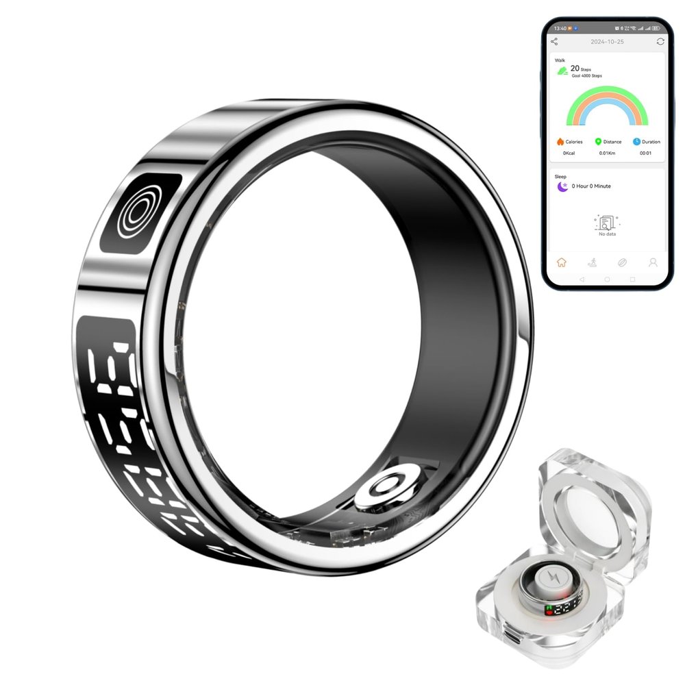 Sqrutri Smart Ring with LED Display for Women, IP68 Waterproof Smart Rings for Men, Sleep, Blood Oxygen, Heart Rate, Steps Smart Ring Health Trackers. (Silver, 11)
