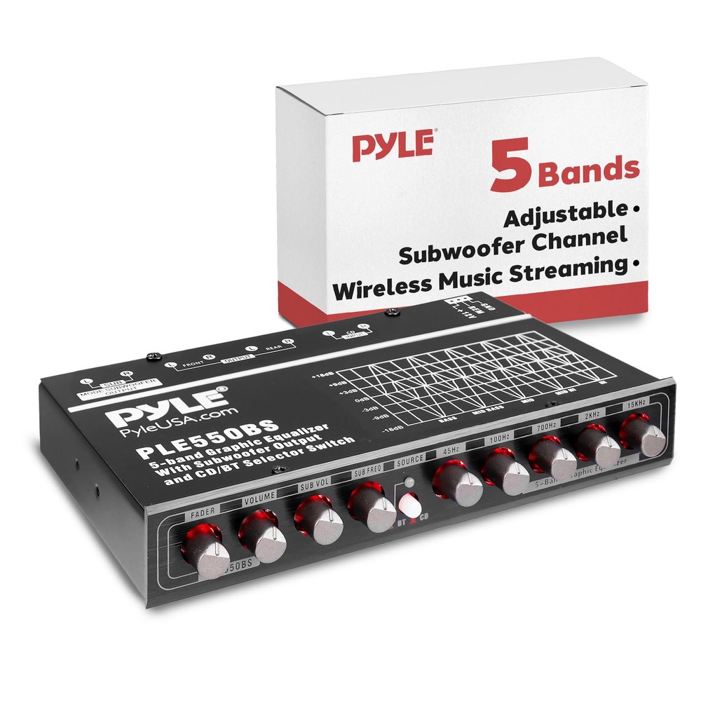 Pyle 5-Band Car Audio Equalizer  Graphic EQ with Bluetooth Wireless Streaming, Subwoofer Volume Control, Low Pass Filter, RCA Inputs/Outputs, Fader Function & AUX Input